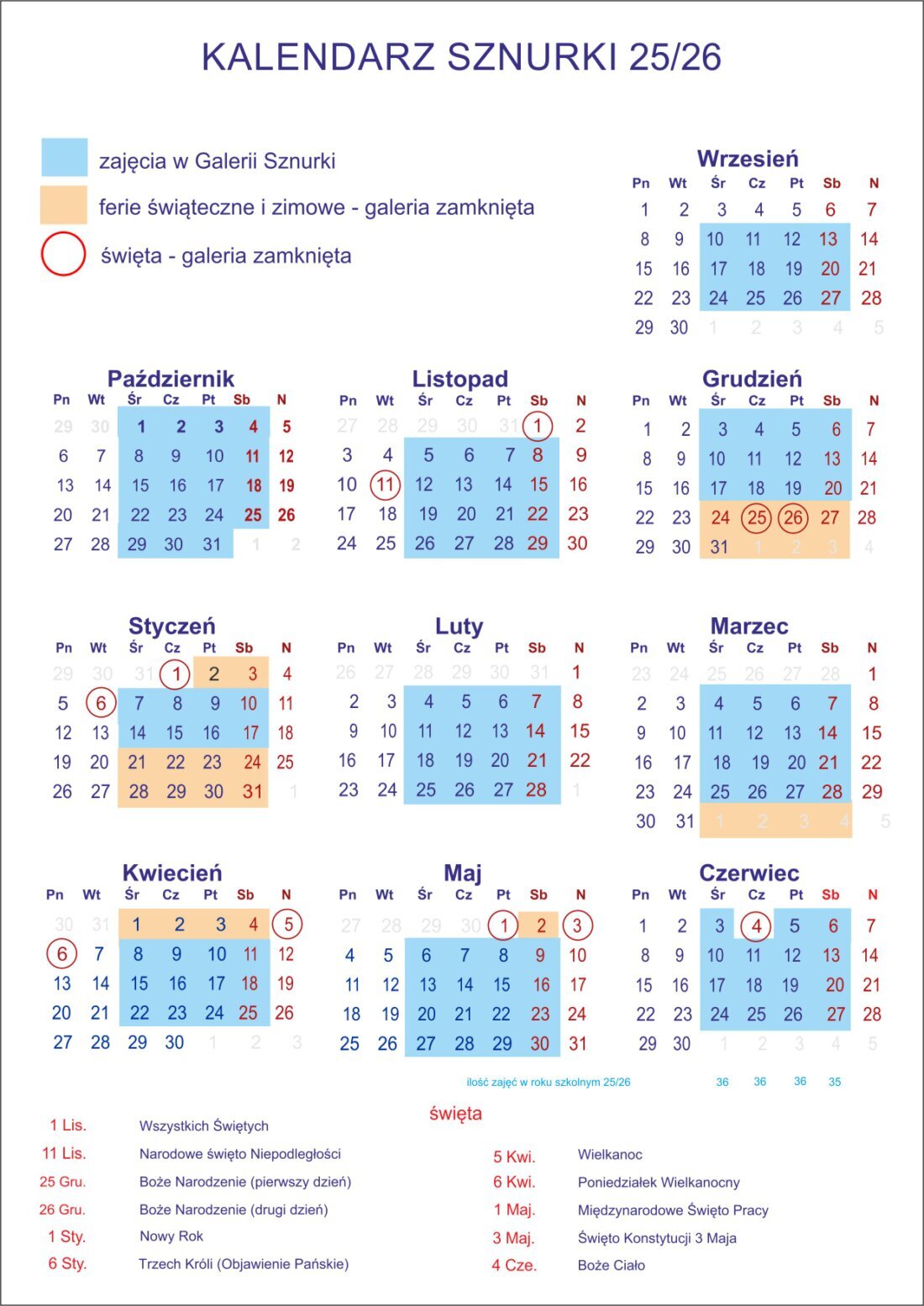Kalendarz sznurki, na są zaznaczone terminy zajęć plastycznych w pracowni plastycznej  Galeria Sznurki w Warszawie.